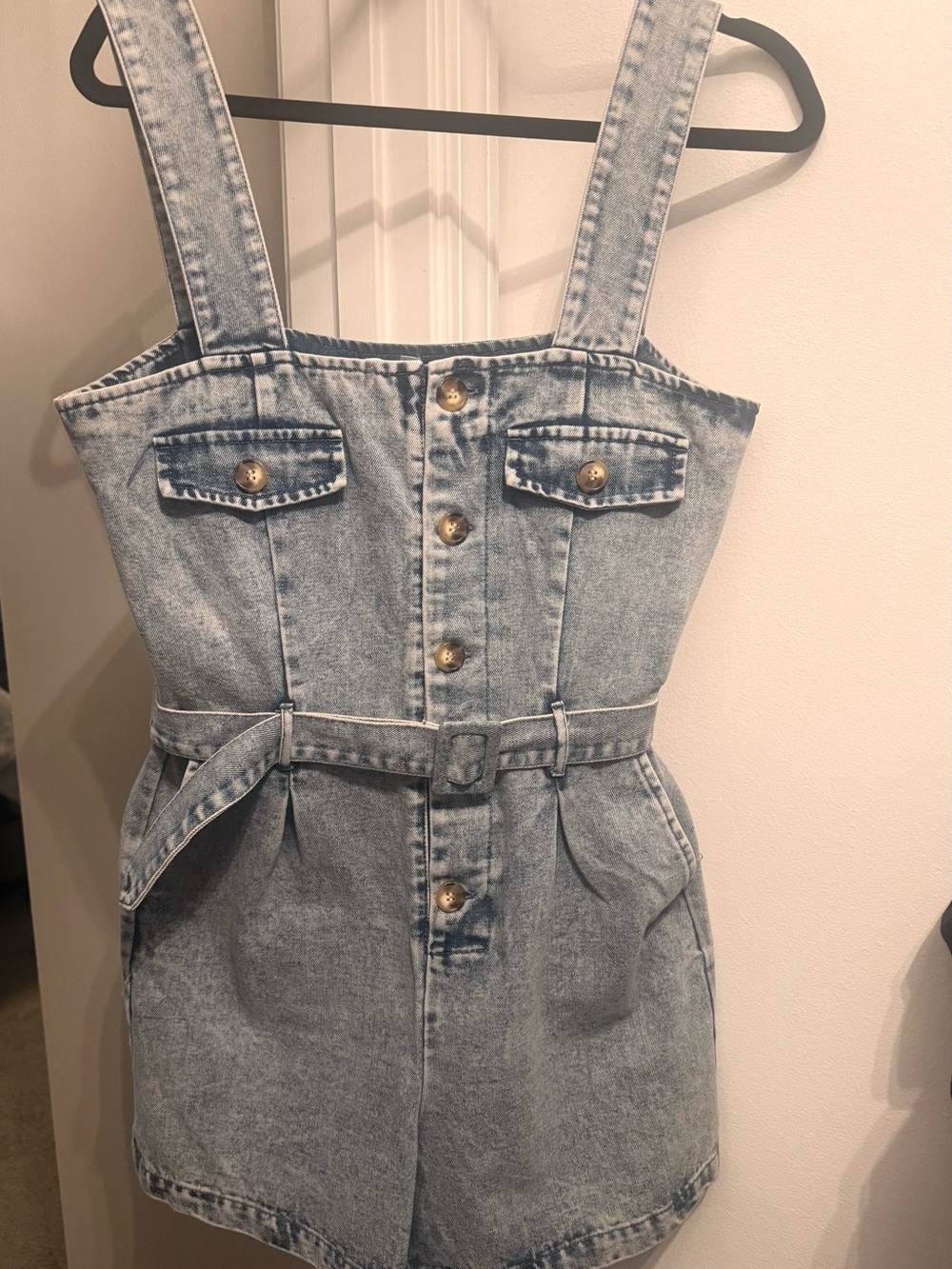 Light Wash Denim Romper with Belt - Women Jeans